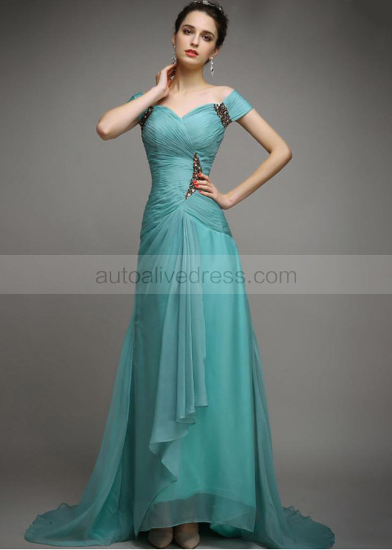 Off Shoulder Beaded Teal Chiffon Pleated Chic Evening Dress